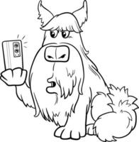 Página para colorear de perro de dibujos animados tomándose una selfie con un teléfono inteligente vector