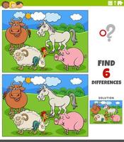 differences game with cartoon farm animal characters group vector