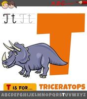 letter T from alphabet with cartoon triceratops prehistoric animal vector