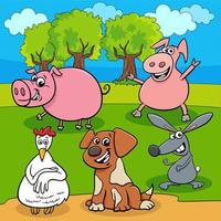 cartoon farm animals characters in the meadow