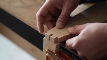 carpenter cuts a dovetail joint