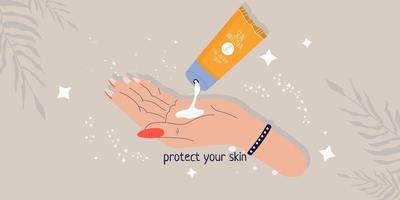 The concept of sun protection.  A banner with sunscreen on the arm. Protect your skin. Modern illustration for print and web. vector