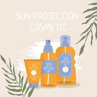 The concept of sun protection.  Banner with sunscreen cosmetics. Starfish and palm leaves. Modern illustration for print and web. vector