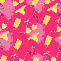 patrón de verano de moda con traje de baño amarillo y cereza sobre un fondo abstracto. patrón de verano brillante para impresión, papel, papel tapiz, tela y para Internet. vector