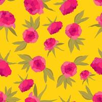 Trendy pink peonies are a seamless floral pattern. Mustard-yellow background. Hand-drawn modern illustration of large flowers with white leaves on solid color. Fabric, web, app, stationery. vector