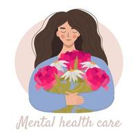 The concept of mental health. A young woman smiles and hugs a bouquet of peony and chamomile flowers, symbolizing concern for mental health. Flat vector illustration