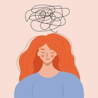 The concept of mental health.Positive thinking as a way of thinking. A house over the girl's head, which symbolizes depressive thoughts. Flat vector illustration