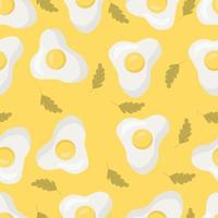 Trendy seamless floral pattern with scrambled eggs. Hand drawn modern illustration of broken egg and greenery. Fabric, web, app, stationery.