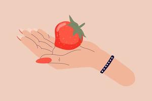 Strawberry lying on the hand. Red strawberry illustration. Fashionable cartoon hand holding a strawberry. Modern illustration for web design and print. vector