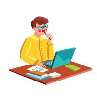 Writer Man Working At Desk With Laptop Vector