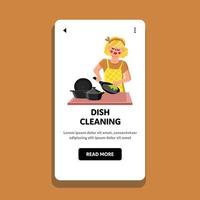 Dish Cleaning Young Housewife On Kitchen Vector