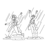 Raincoat Wearing Man And Woman In Rainy Day Vector