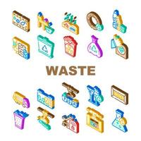 Waste Sorting Conveyor Equipment Icons Set Vector