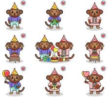 Vector of Cute Monkey in Birthday Party. Set of cute little Monkey characters. Collection of funny Monkey isolated on a white background.