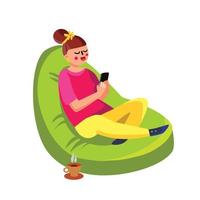 Girl Sitting In Beanbag And Using Cell Phone Vector