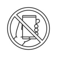 Forbidden sign with mobile phone linear icon. No smartphone prohibition. Thin line illustration. Stop contour symbol. Vector isolated outline drawing