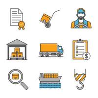 Cargo shipping color icons set. Delivery service. Certificate, dolly cart, invoice, warehouse, delivery truck, driver, parcel tracking, cargo vessel, crane hook. Isolated vector illustrations