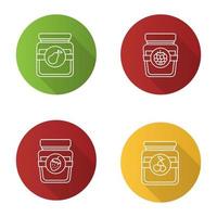 Fruit preserves flat linear long shadow icons set. Pear, cherry, raspberry and strawberry jam jars. Vector outline illustration