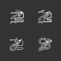 Construction tools chalk icons set. Nippers, combination and pointed pliers cutting wire, jaw capacity. Isolated vector chalkboard illustrations