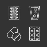 Pills chalk icons set. Medications. Isolated vector chalkboard illustrations