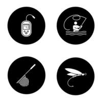 Fishing glyph icons set. Fly fishing, echo sounder, landing net, insect lure. Vector white silhouettes illustrations in black circles