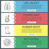 Fishing web banner templates set. Life jacket, bait, rubber boot, no fishing sign. Website menu items. Vector headers design concepts