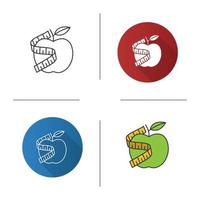 Measuring tape around apple icon. Flat design, linear and color styles. Healthy nutrition. Dieting. Isolated vector illustrations