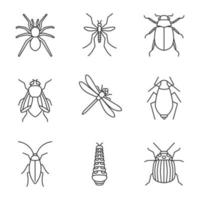 conjunto de iconos lineales. araña, mosquito, maybug, cucaracha, mosca doméstica, libélula, pulgón, oruga, chinche colorado. símbolos de contorno de línea delgada. Ilustraciones de vectores aislados