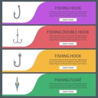 Fishing web banner templates set. Fishing float and hooks. Website color menu items. Vector headers design concepts