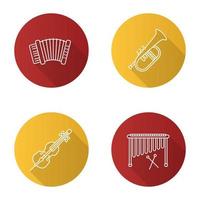 Musical instruments flat linear long shadow icons set. Accordion, violoncello, marimba, flugelhorn. Vector outline illustration