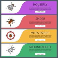 conjunto de plantillas de banner web de control de plagas. mosca doméstica, araña, blanco de ácaros, escarabajo de tierra. elementos del menú de color del sitio web con iconos lineales. conceptos de diseño de encabezados vectoriales vector