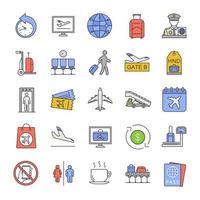 Airport service color icons set. Passport control, baggage check, tickets, flights management. Isolated vector illustrations