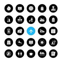 Airport service glyph icons set. Passport control, baggage check, tickets, flights management. Vector white silhouettes illustrations in black circles