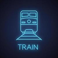 Train neon light icon. Rail transport vehicle. Glowing sign. Vector isolated illustration