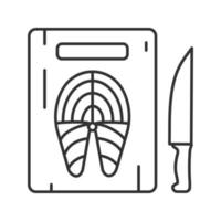 Cutting board with fish steak and knife linear icon. Thin line illustration. Salmon steak. Contour symbol. Vector isolated outline drawing