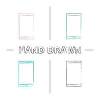 Smartphone hand drawn icons set. Mobile phone. Color brush stroke. Isolated vector sketchy illustrations