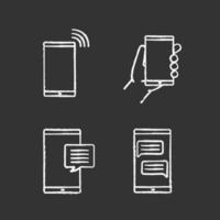 Phone communication chalk icons set. Chatting, sms, smartphone in hand, calling phone. Isolated vector chalkboard illustrations