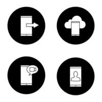 Phone communication glyph icons set. Data transfer, smartphone cloud storage, video message, smartphone user. Vector white silhouettes illustrations in black circles
