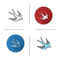 Swallow bird icon. Sailor's tattoo sketch. Flat design, linear and color styles. Isolated vector illustrations