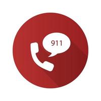 Emergency calling service flat design long shadow glyph icon. Handset and speech bubble with 911 number inside. Vector silhouette illustration