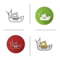 Fisher boat icon. Flat design, linear and color styles. Coble. Yacht. Isolated vector illustrations