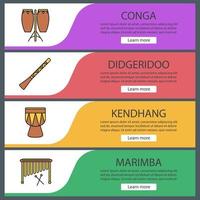 conjunto de plantillas de banner web de instrumentos musicales. conga, didgeridoo, kendhang, marimba. elementos del menú de color del sitio web. conceptos de diseño de encabezados vectoriales vector