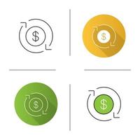 Dollar currency exchange icon. Refund. Circle arrow with dollar sign inside. Flat design, linear and color styles. Isolated vector illustrations