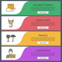 Cargo shipping web banner templates set. Delivery service. Parcel in hand, crane hook, fragile, loader man. Website color menu items. Vector headers design concepts