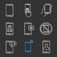 Phone communication chalk icons set. Smartphone, touchscreen, hand with phone, sms, chat, smartphone prohibition, video call, incoming call, user. Isolated vector chalkboard illustrations