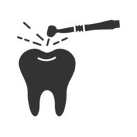 Tooth drilling process glyph icon. Silhouette symbol. Dentistry. Dental handpiece. Negative space. Vector isolated illustration