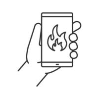 Fire emergency calling linear icon. Hand holding smartphone with flame. Thin line illustration. Contour symbol. Vector isolated outline drawing