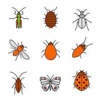 conjunto de iconos de colores de insectos. saltamontes, cochinillas, escarabajo de tierra, abeja melífera, ácaro, cucaracha, mariposa, mariquita. ilustraciones de vectores aislados