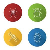 Conjunto de iconos de larga sombra plana lineal de insectos. mosquito, chafer, libélula, pulgón. ilustración de contorno vectorial vector