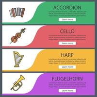 Musical instruments web banner templates set. Accordion, cello, harp, flugelhorn. Website color menu items. Vector headers design concepts